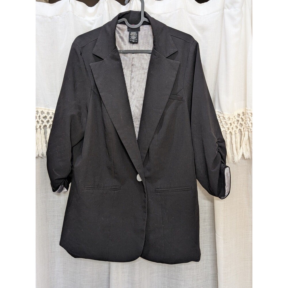 Torrid Womens 2X (18-20) Black Ruched 3/4 Sleeves One-Button Lined Blazer Jacket
